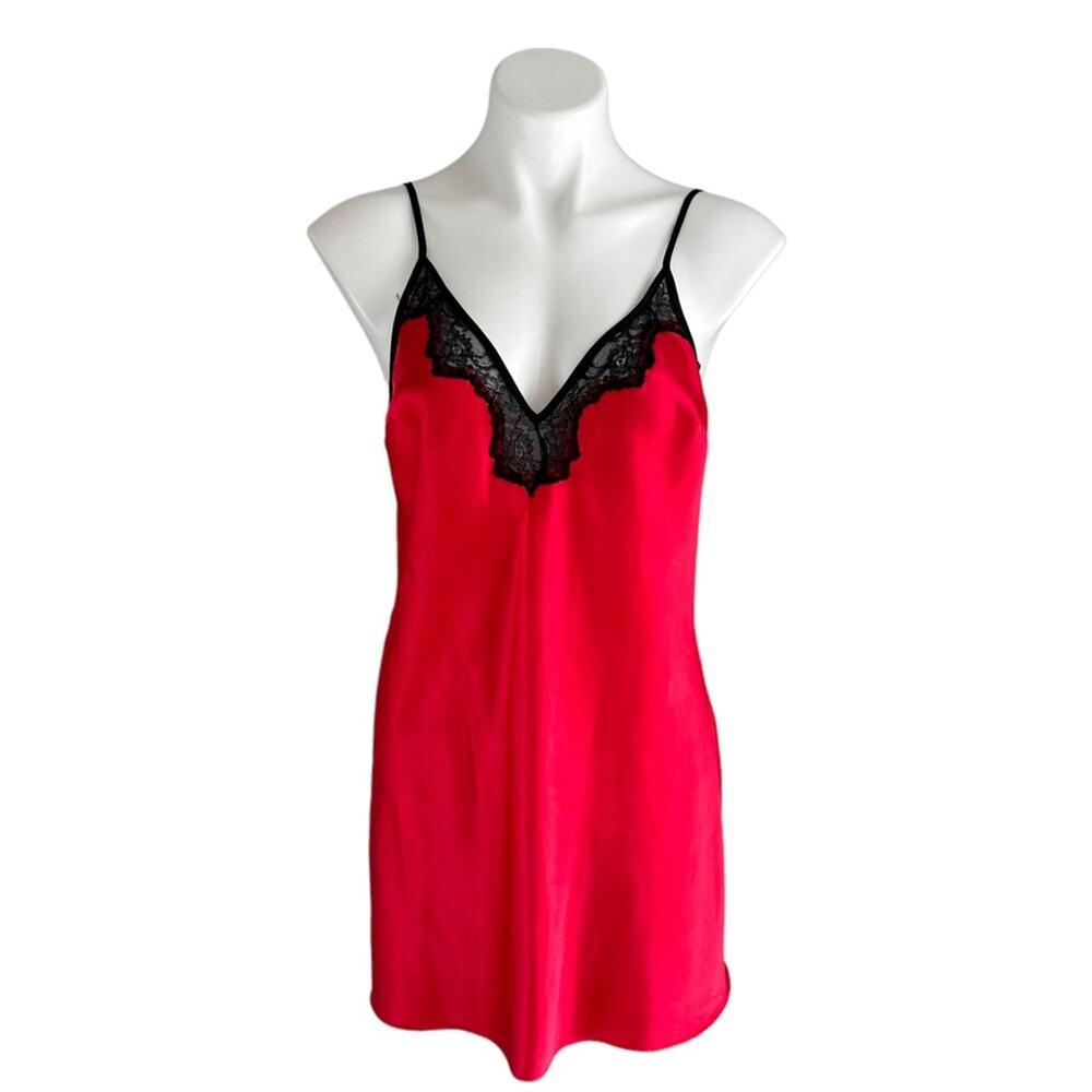 Victorias Secret Red Slip Dress with Black Lace Details Nightgown Satin Sz L Y2K